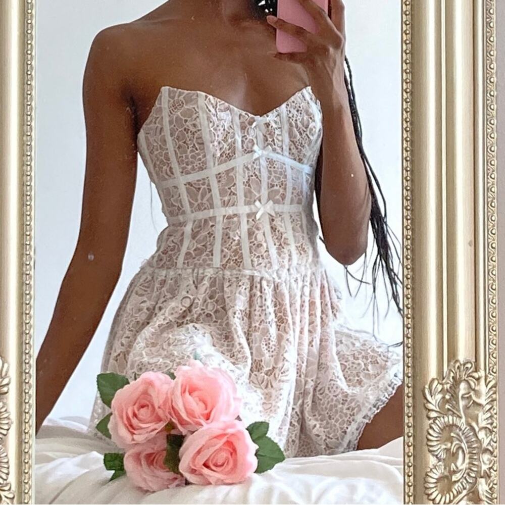 For Love & Lemons Jelena White Tan Lace Strapless Mini Dress Women’s Size Medium - Picture 2 of 14